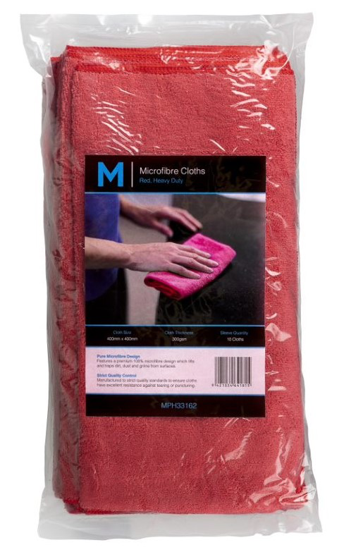 Microfibre Cloths - Red, 400mm x 400mm, 300gsm 10 Cloths/Pack 