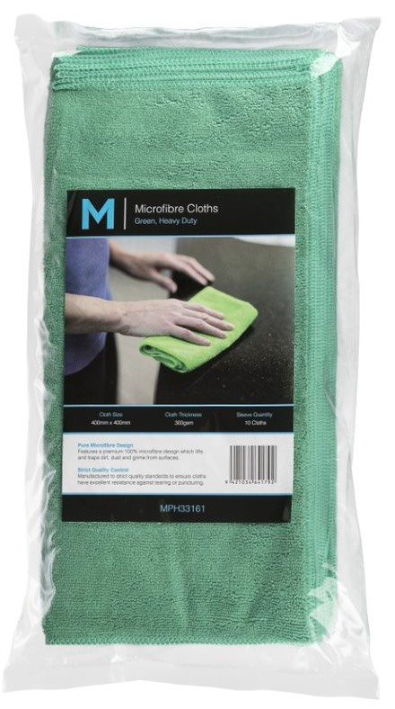 Microfibre Cloths - Green, 400mm x 400mm, 300gsm 10 Cloths/Pack 