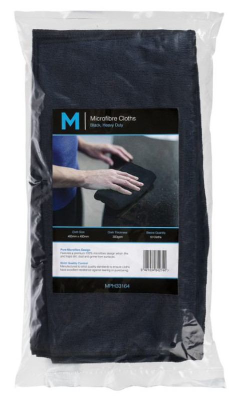 Microfibre Cloths - Black, 400mm x 400mm, 300gsm 10 Cloths/Pack 