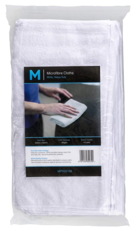 Microfibre Cloths - White, 400mm x 400mm, 300gsm 10 Cloths/Pack 