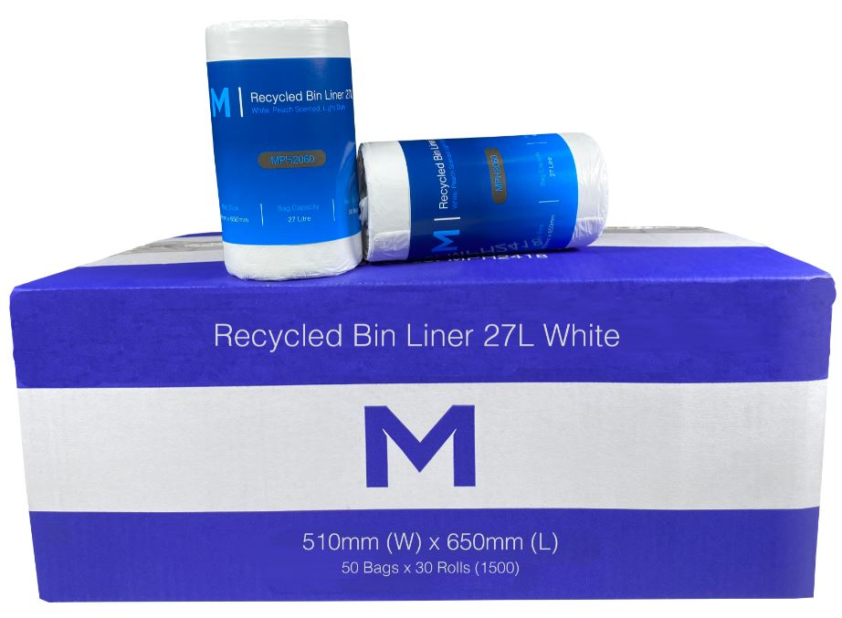 POR Recycled Bin Liner 27L - White, 510mm x 650mm x 15mu 50 Bags/Roll *Peach Scented*