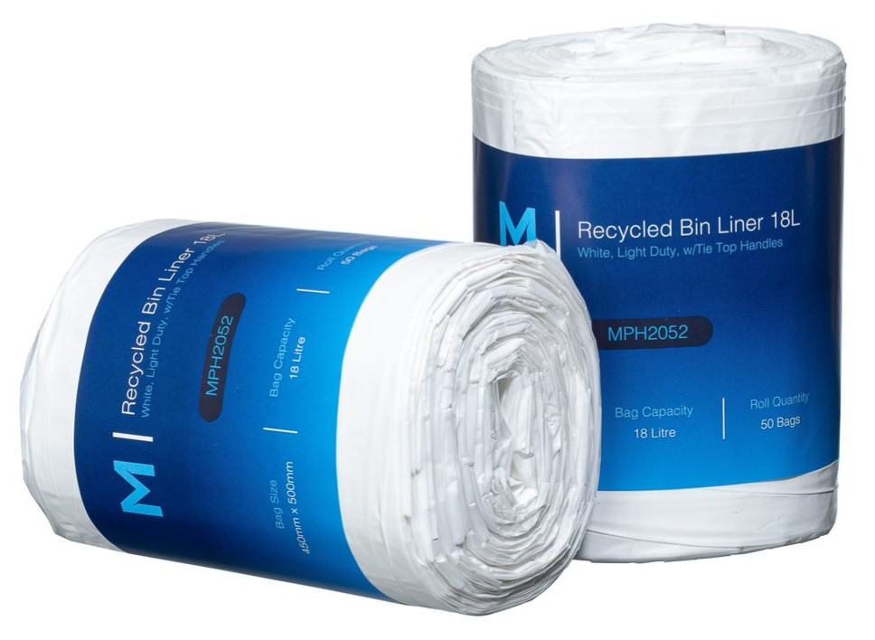 POR Recycled Bin Liner w/Handles 18L - White, 450mm x 500mm x 15mu 50 Bags/Roll