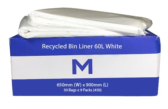 Thick Recycled Bin Liner 60L - White, 650mm x 900mm x 30mu 50 Rubbish Bags/pk
