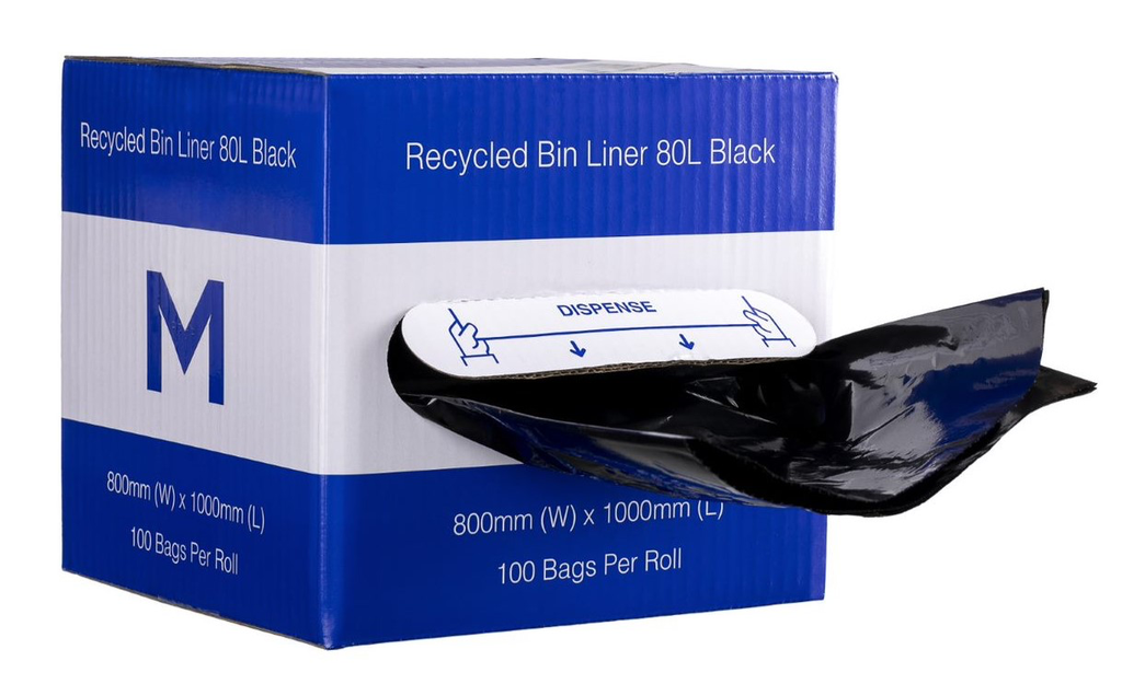 Thick Recycled Bin Liner 80L - Black- 100 Rubbish Bags/Dispenser - 800mm x 1000mm (35mu)