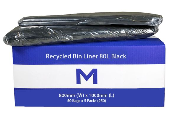 Extra Thick Recycled Bin Liner 80L - Black, 800mm x 1000mm x 40mu 50 Bags/pk