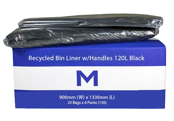 FP Recycled Bin Liner w/Handles 120L - Black, 900mm x 1330mm x 30mu 25 Bags/Pack