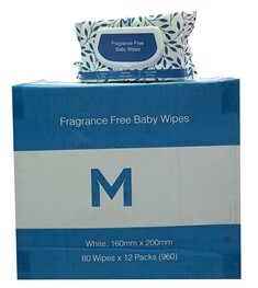 Non Fragranced Baby Wipes - White, 160mm x 200mm, 55gsm, 80 Wipes 12 Pack