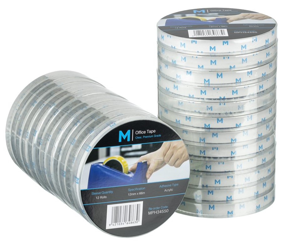 Acrylic Office Tape - Clear, 12mm x 66m x 45mu, 76.2mm Core *Large Core