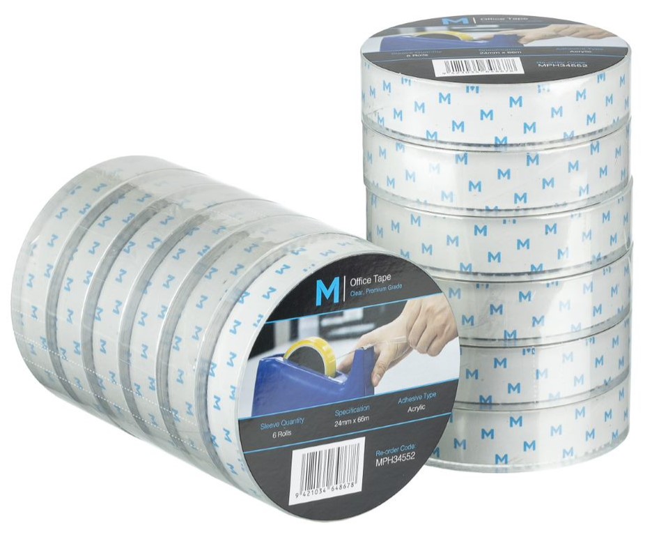 Acrylic Office Tape - Clear, 24mm x 66m x 45mu, 76.2mm Core *Large Core