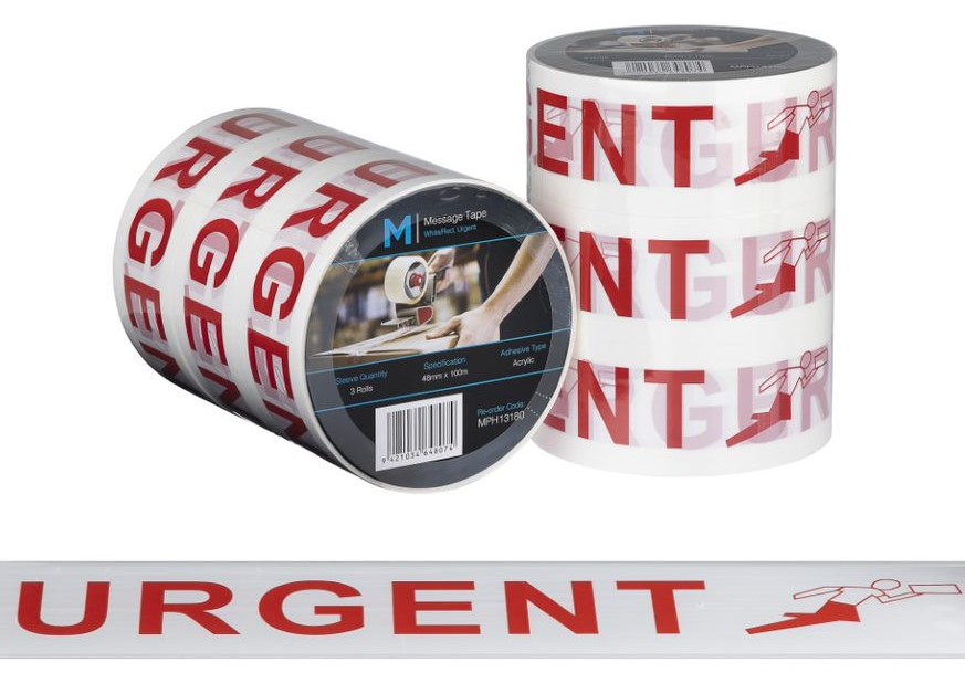 Message Tape Urgent - White/Red, 48mm x 100m x 50mu