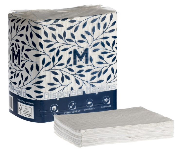Dispenser Napkins - White, 210mm x 330mm, 1 Ply, FSC Mix® 500/Pack