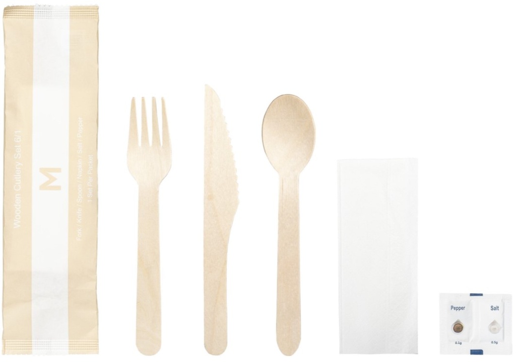 Wooden Cutlery Set 6/1 - Natural, Fork/Knife/Spoon/Napkin/Salt/Pepper, FSC 100%® 50 Sets