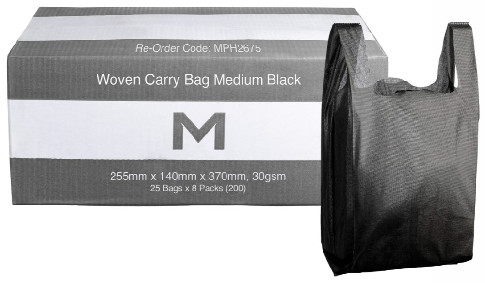 Woven Carry Bag Medium - Black, 255mm x 140mm x 370mm, 30gsm 25 Bags/Pack