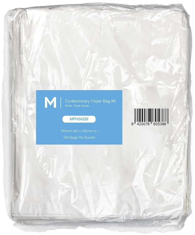 Confectionery Paper Bag #8 - White, 255mm x 300mm, 40gsm 500 Bags/Pack