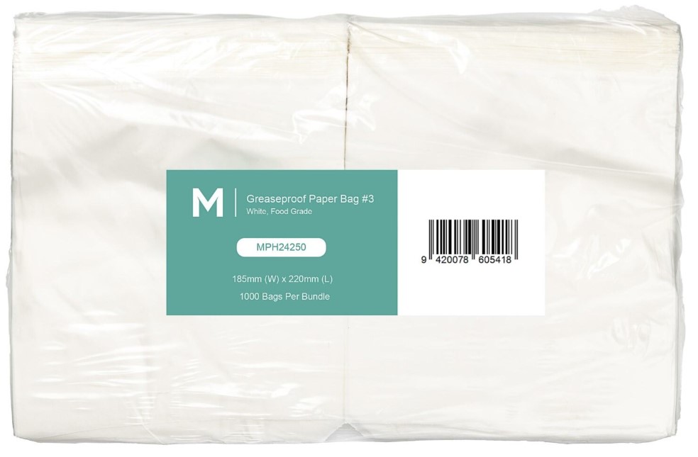 Greaseproof Paper Bags #3 - White, 185mm x 220mm, 40gsm 1000 Bags/Pack