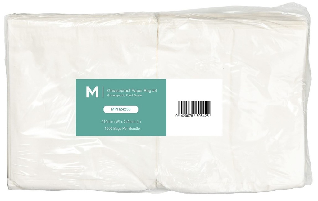 Greaseproof Paper Bags #4 - White, 210mm x 240mm, 40gsm 1000 Bags/Pack