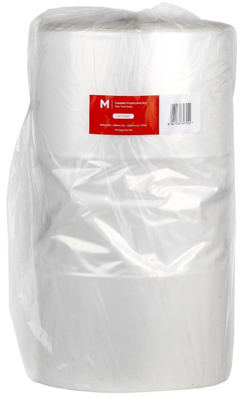 POR Gusseted Polyethylene Bag - Clear, 460mm x 300mm x 1500mm x 50mu 150 Bags/Roll