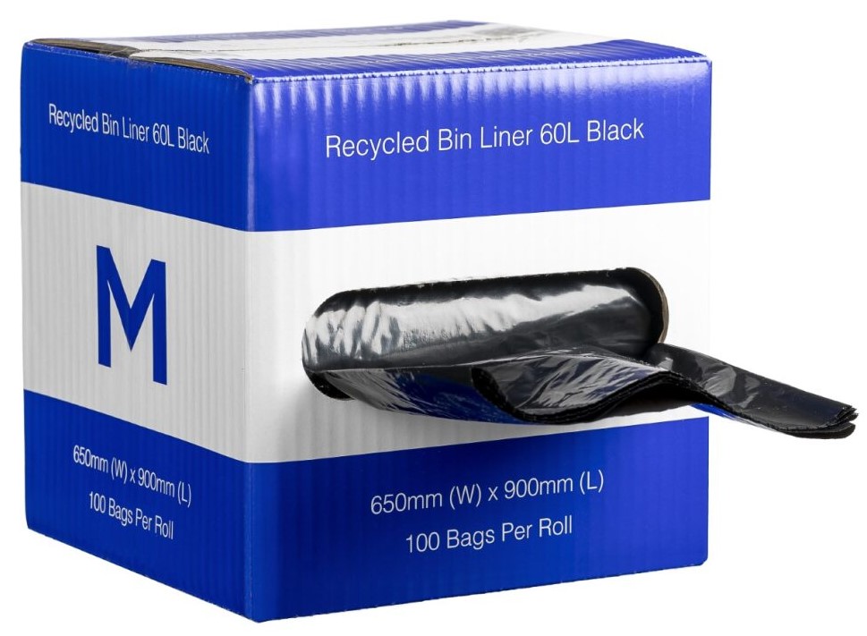 DB Recycled Bin Liner 60L - Black, 650mm x 900mm x 30mu 100 Bags/Dispenser  *Dispenser Box