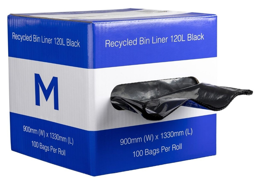 DB Recycled Bin Liner 120L - Black, 900mm x 1330mm x 35mu 100 Bags/Dispenser  *Dispenser Box