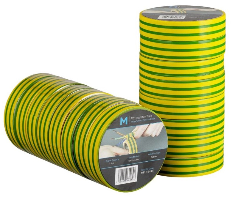 PVC Electrical Insulation Tape - Yellow/Green, 18mm x 20m x 180mu