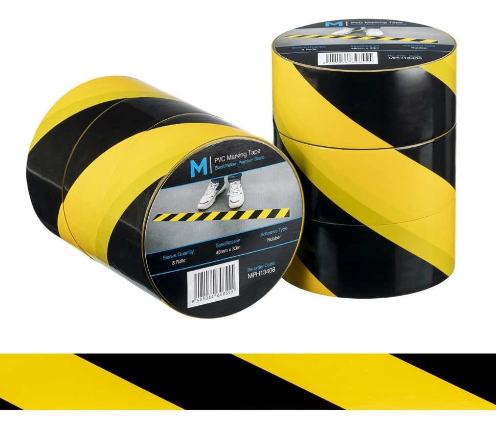 PVC Floor Marking Tape - Yellow/Black, 48mm x 33m x 150mu