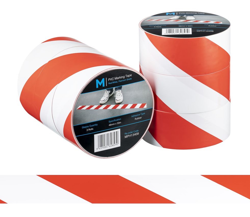 PVC Floor Marking Tape - White/Red, 48mm x 33m x 150mu