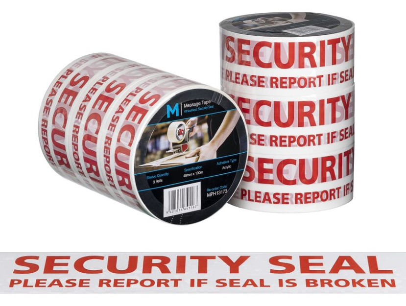 Message Tape Security Seal - White/Red, 48mm x 100m x 50mu        