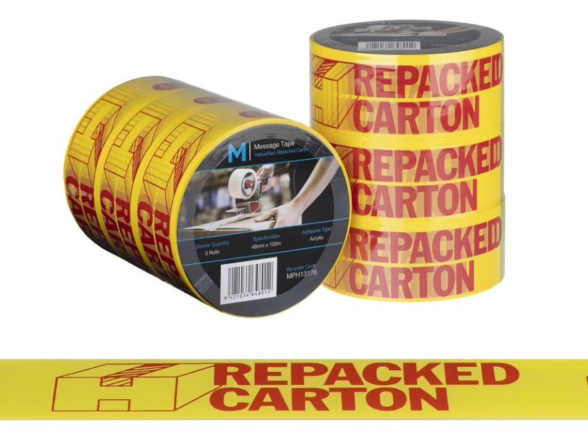 Message Tape Repacked Carton - Yellow/Red, 48mm x 100m x 50mu