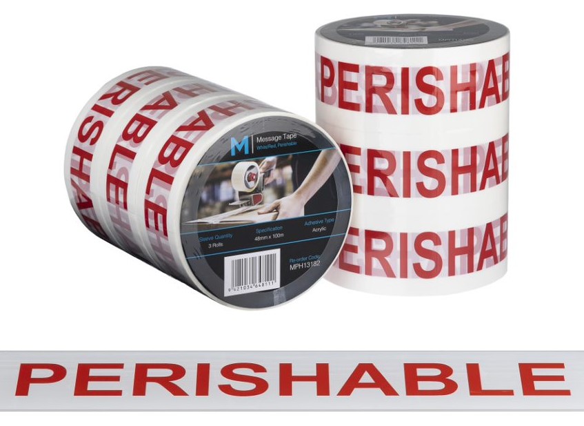 Message Tape Perishable - White/Red, 48mm x 100m x 50mu