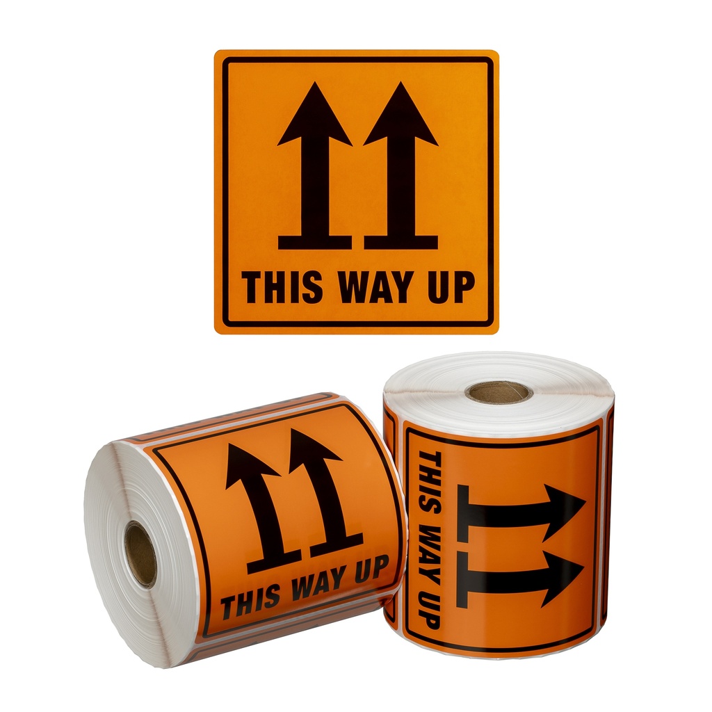 Handling Label This Way Up - Orange/Black, 99mm x 99mm 500 Labels/Roll