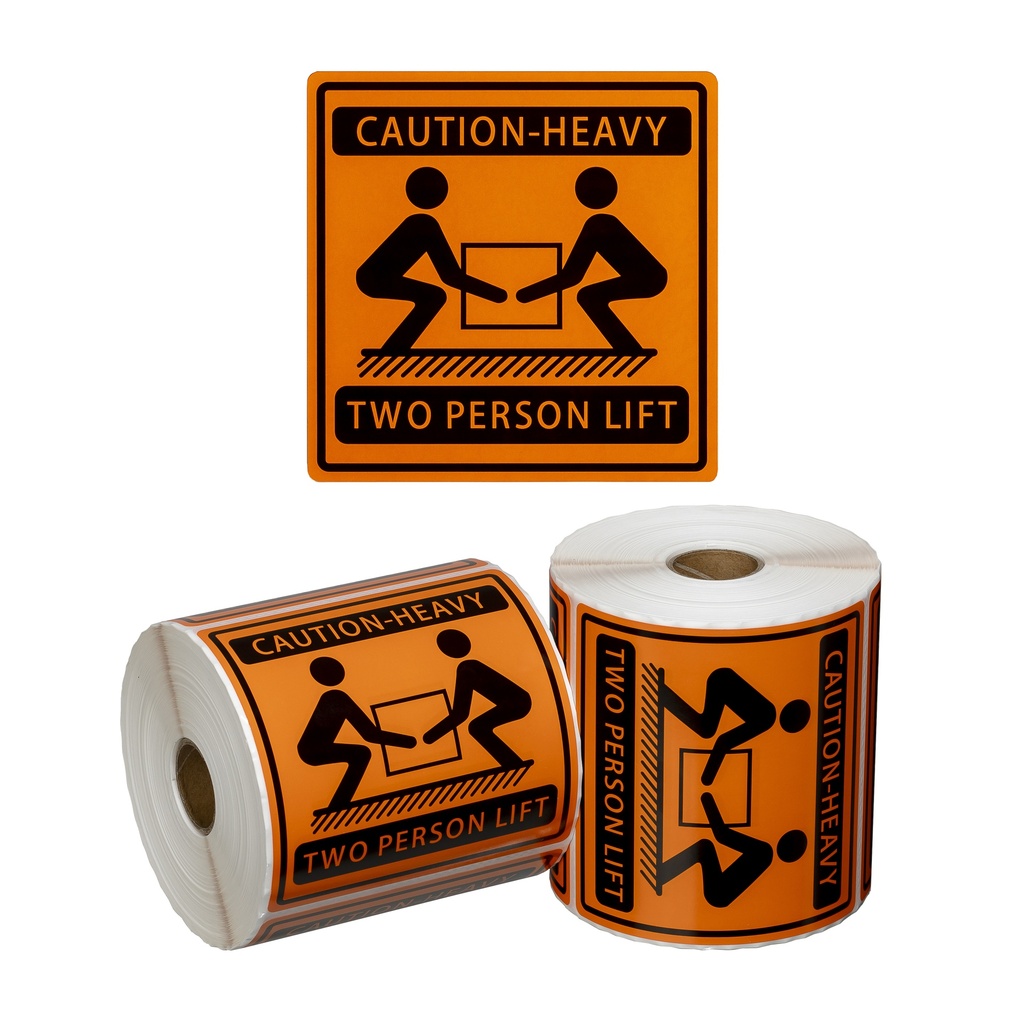 Handling Label Two Person Lift - Orange/Black, 99mm x 99mm 500 Labels/Roll