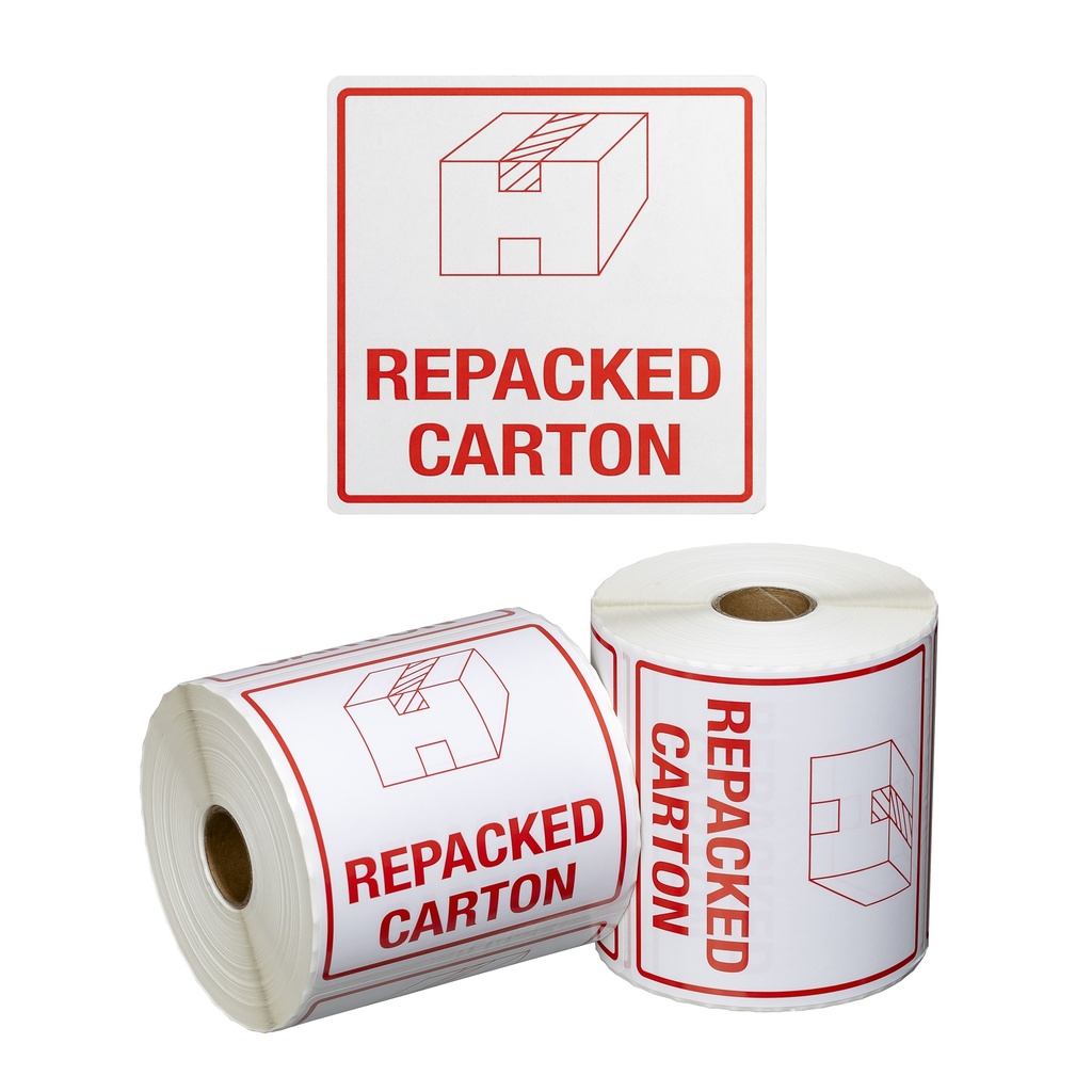 Handling Label Repacked Carton - White/Red, 99mm x 99mm 500 Labels/Roll