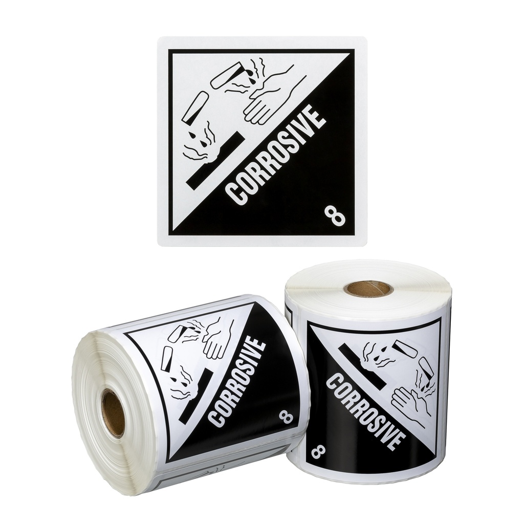 DG Label Corrosive 8 - White/Black, 99mm x 99mm (500) Labels/Roll