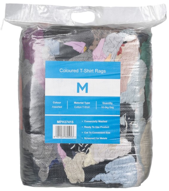 Coloured T-Shirt Rags - Assorted, 10.0kg Compressed Bag *A Grade Quality         