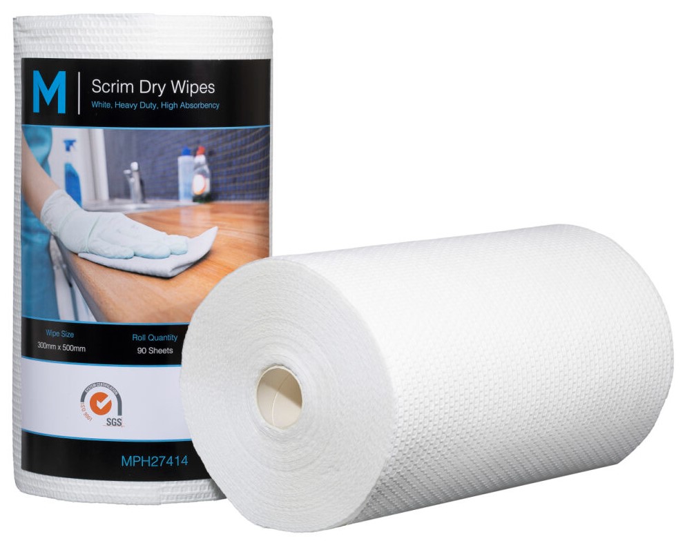 Scrim Hexagonal Dry Wipes - White, 300mm x 500mm, 90 Sheets, 80gsm