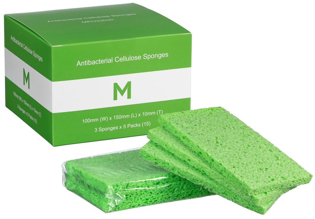 Antibacterial Cellulose Sponges - Green, 100mm x 150mm x 10mm, 3 Sponges/Pack