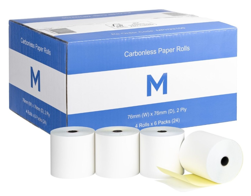 NCR Carbonless Paper Roll - White/Yellow, 75mm x 76mm, 2 Ply, FSC Mix® 4 Rolls