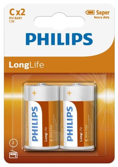 Philips Long Life Battery - Orange, C Size (2)    