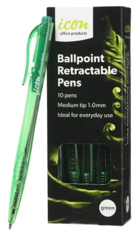 Icon Ball Point Pen - Green, Medium 1.0mm Tip 10 Pens