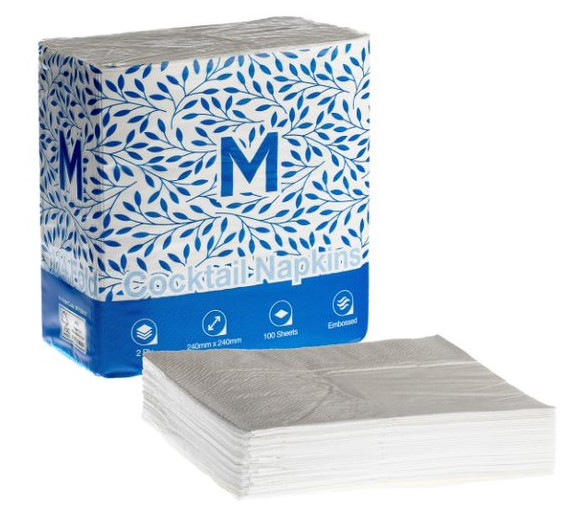 Cocktail Napkins 1/4 Fold - White, 240mm x 240mm, 2 Ply, FSC Mix® 100 Napkins