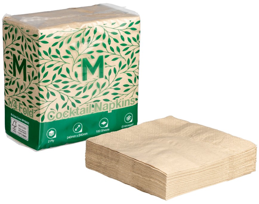 Cocktail Napkins 1/4 Fold - Brown, 240mm x 240mm, 2 Ply, FSC Mix® 100 Napkins