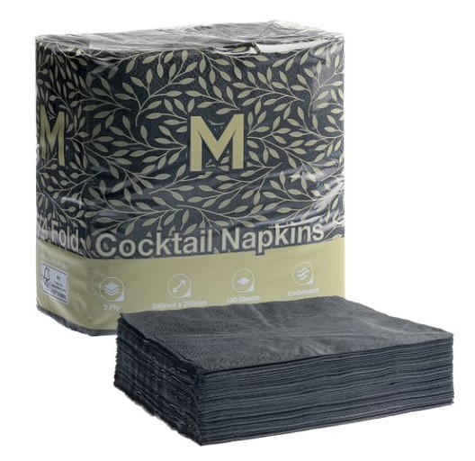 Cocktail Napkins 1/4 Fold - Black, 240mm x 240mm, 2 Ply, FSC Mix® 100 Napkins