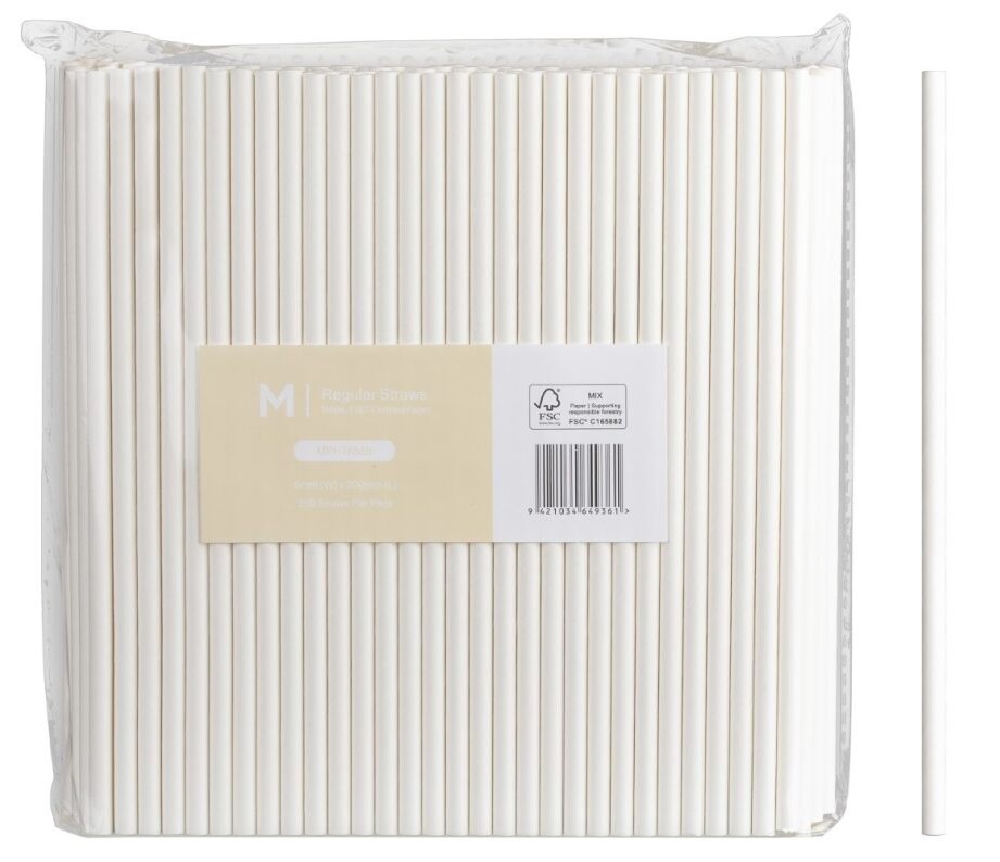 Paper Regular Straight Straws - White, 6mm x 200mm, 300gsm, FSC Mix® 250 Straws/Pack