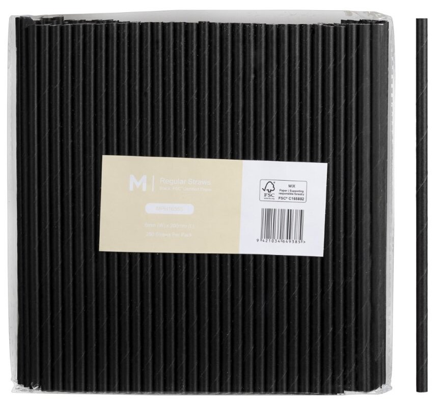 Paper Regular Straight Straws - Black, 6mm x 200mm, 300gsm, FSC Mix® 250 Straws/Pack