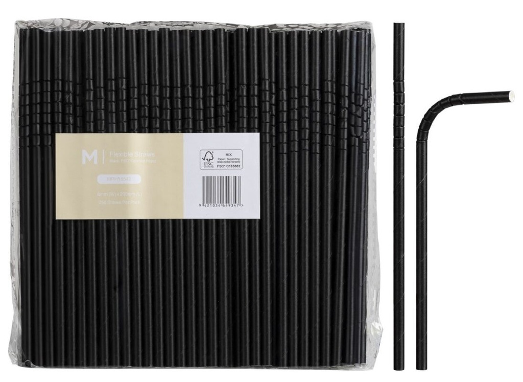 Paper Regular Flexible Straws - Black, 6mm x 200mm, 300gsm, FSC Mix® 250 Straws/Pack