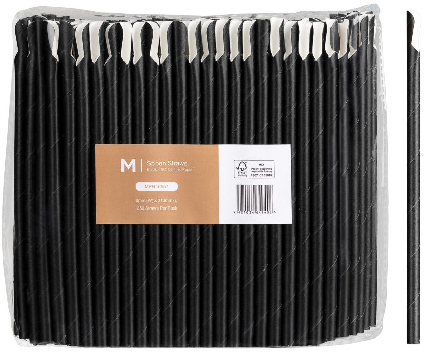 Paper Regular Spoon Straws - Black, 8mm x 210mm, 420gsm, FSC Mix® 250 Straws/Pack