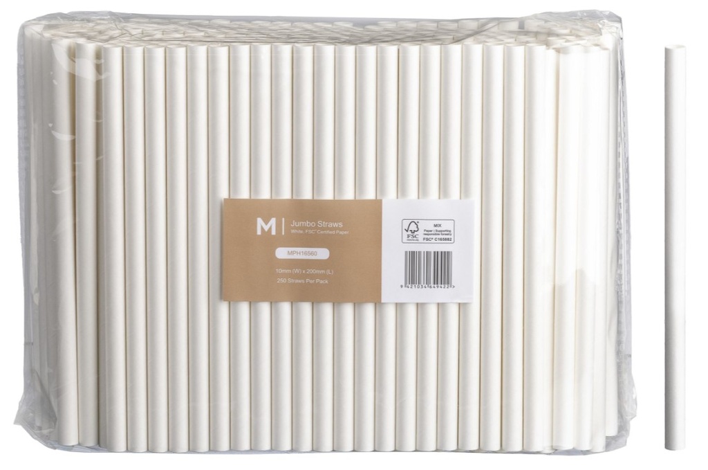 Paper Jumbo Straight Straws - White, 10mm x 200mm, 300gsm, FSC Mix® 250 Straws/Pack