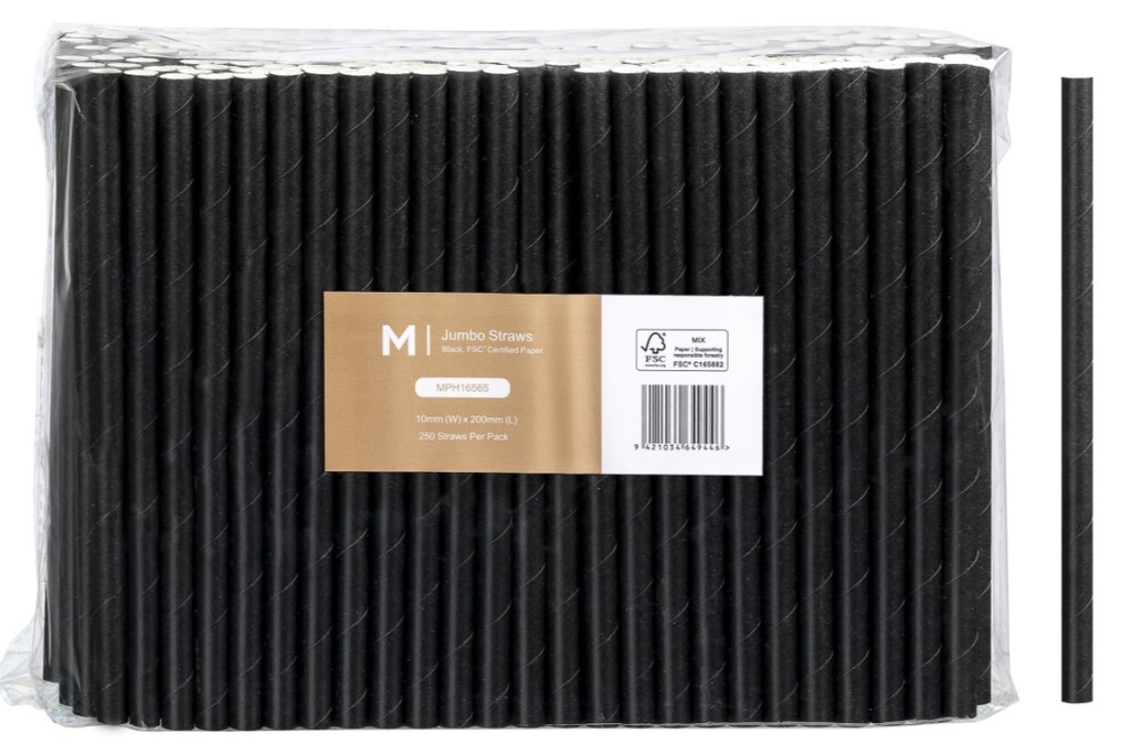 Paper Jumbo Straight Straws - Black, 10mm x 200mm, 300gsm, FSC Mix® 250 Straws/Pack