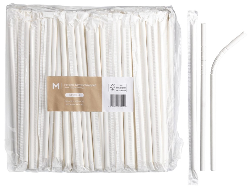 Paper Flexible Straws Wrapped - White, 6mm x 200mm, 300gsm, FSC Mix® 250 Straws/Pack