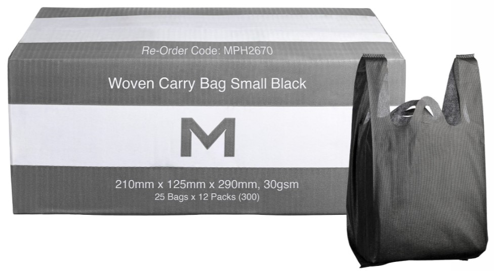 Woven Carry Bag Small - Black, 210mm x 125mm x 290mm, 30gsm 25 Bags/Pack